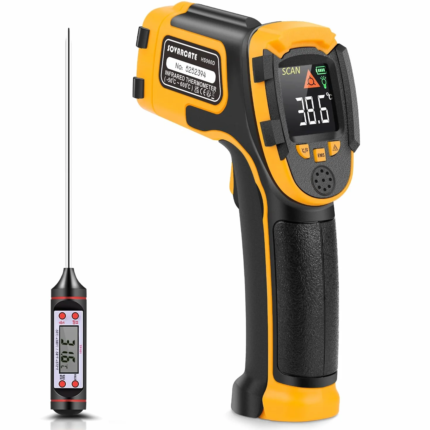 SOVARCATE Termómetro Infrarrojo Pistola Temperatura Láser Digital Sin Contacto -58~1112 ℉ -50~600 ℃ Emisividad Ajustable