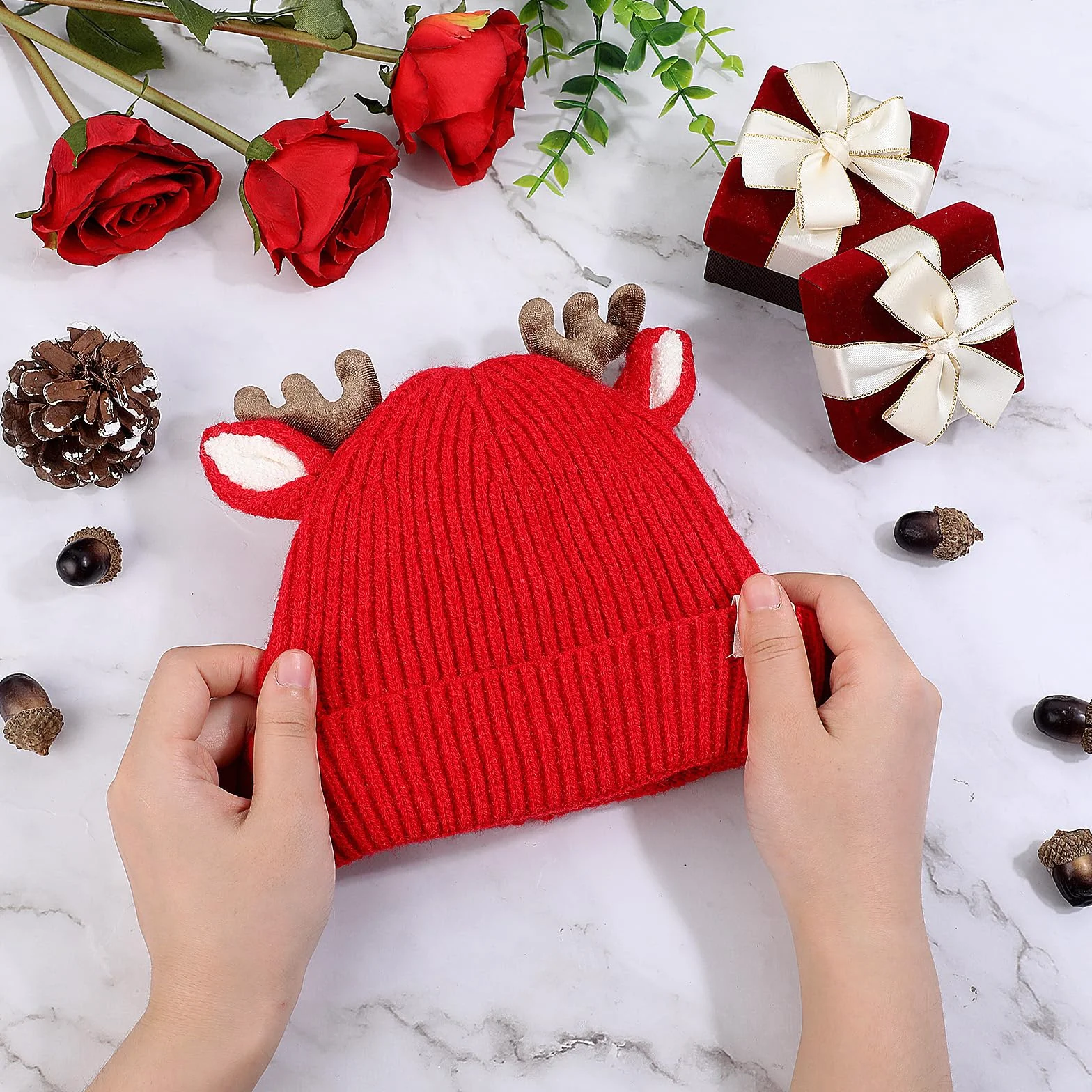 COMNICO Winter Hat for Kids, Antlers Reindeer Crochet Knitted Baby Beanie Hat Christmas Hat Thick Winter Warmer Cap Girls Accessories for Baby Boys Toddler Girl