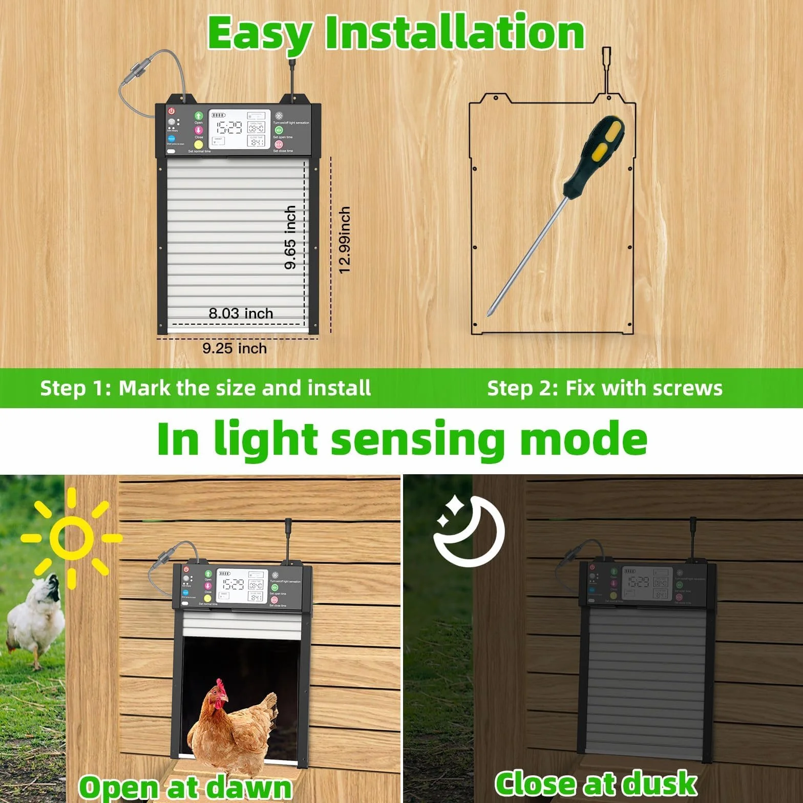 Shinmax Inteligente Puerta Automática Solar para Gallinero con App WiFi 2,4 GHz Sensor Luz Temporizador Antipinzamiento Pantalla LCD Batería 4000mAh