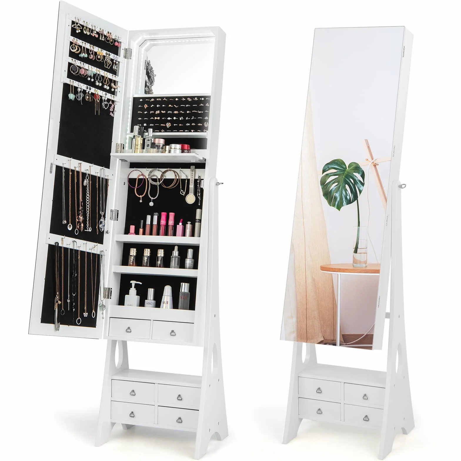 COSTWAY Armario para Joyas con Espejo, Espejo joyero con Luces LED, Estante de Maquillaje, Ángulos de Inclinación Ajustables y Gran Capacidad de Almacenamiento, Armario Joyero (Blanco)