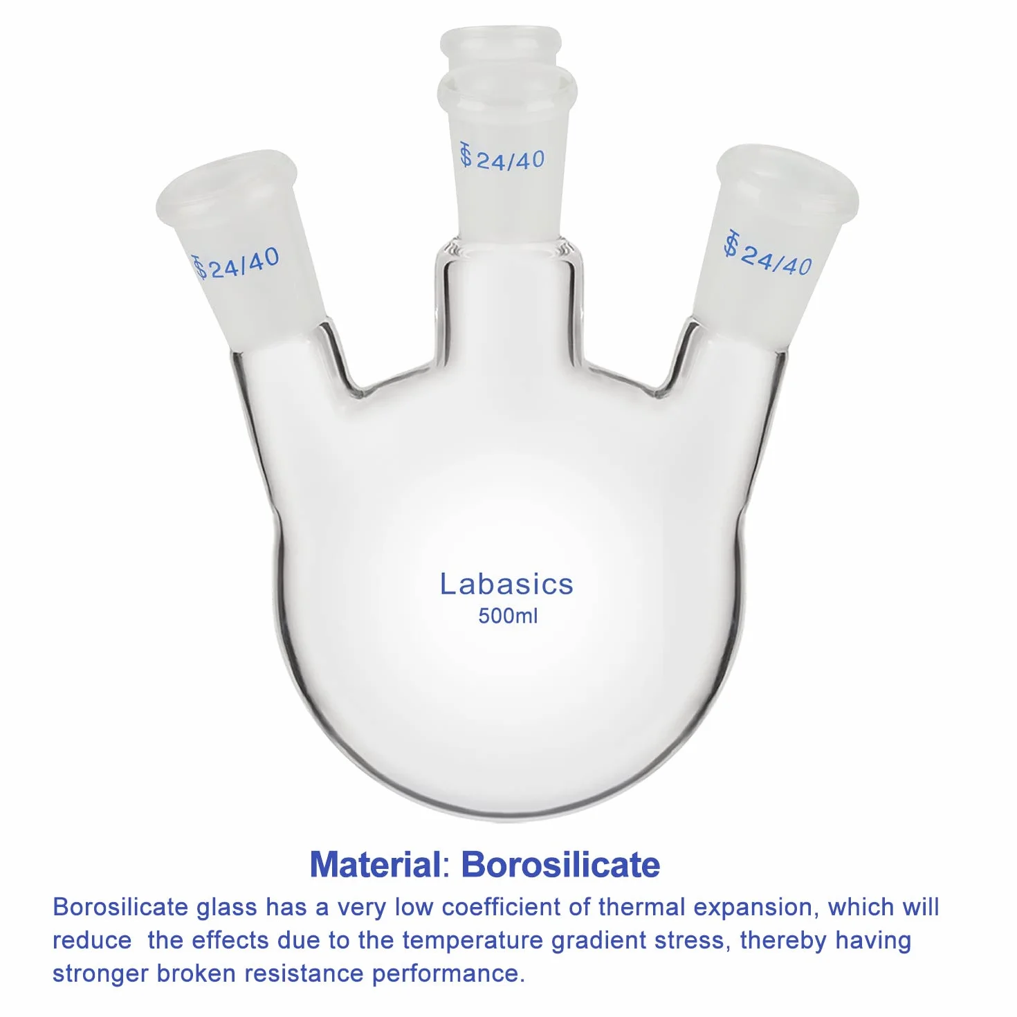 Labasics Matraz de Fondo Redondo 4 Cuellos, Vidrio Borosilicato Pared Gruesa, Junta 24/40, 500 ml