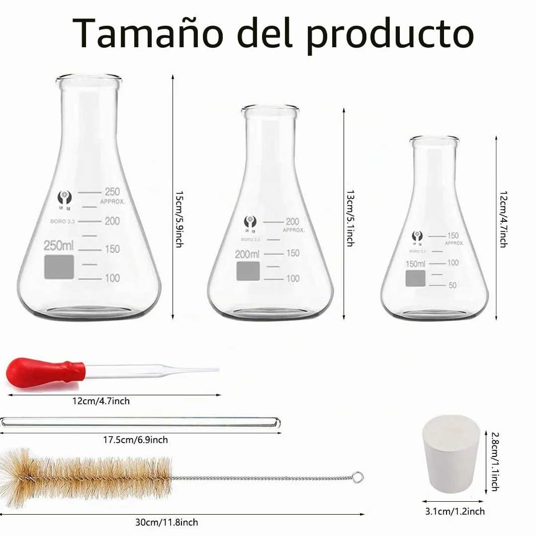 JESSTOLO Juego de Matraces Erlenmeyer de Vidrio 150ml 200ml 250ml con Tapones de Goma