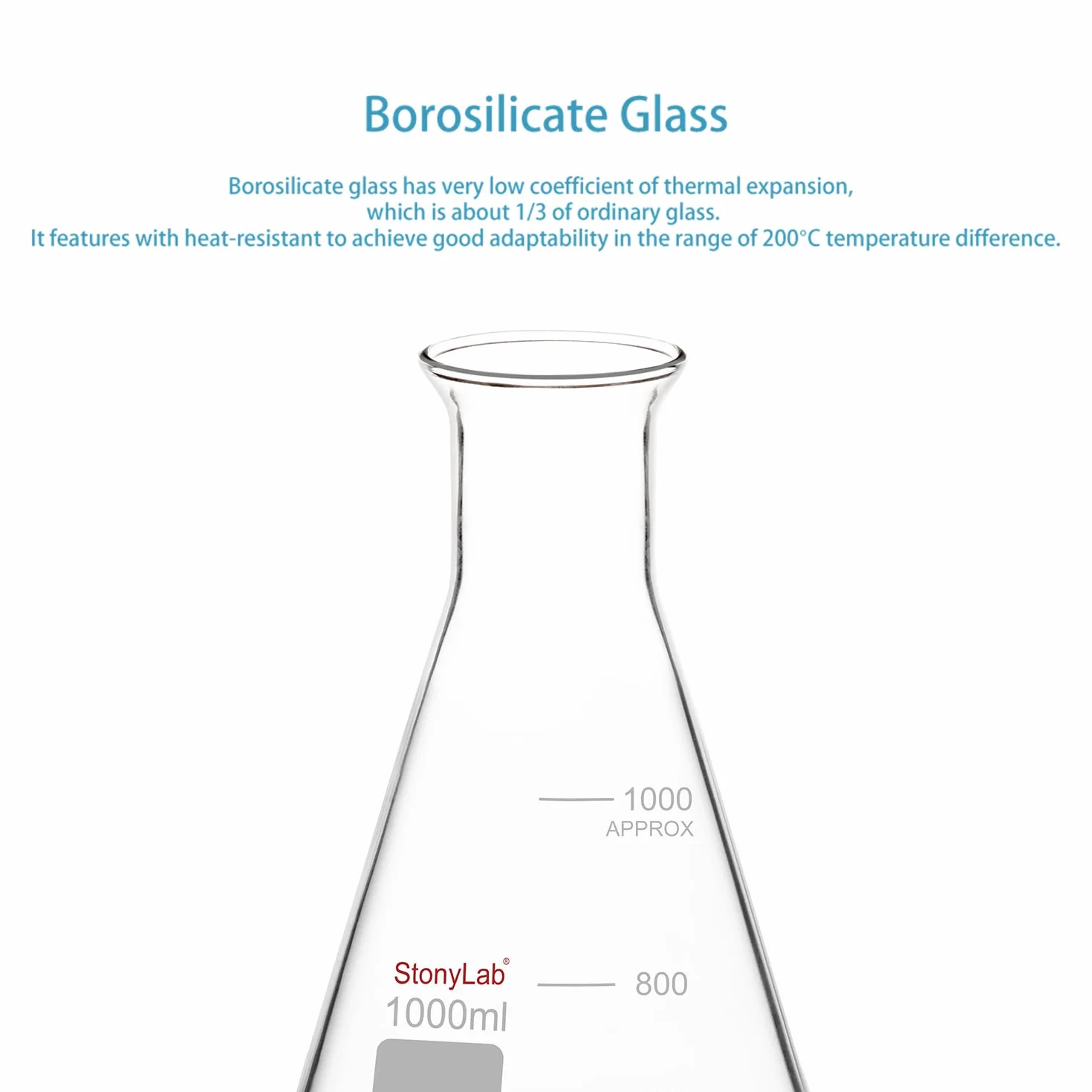 Matraz Erlenmeyer de Boca Ancha de Vidrio, 1000 ml, Borosilicato, Uso Pesado, 1 Pieza