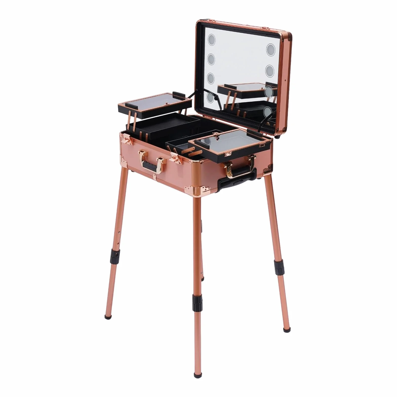 Maletín de maquillaje con ruedas, con espejo, 4 ruedas, estación de maquillaje, neceser de peluquería, organizador de maquillaje, carrito de maquillaje