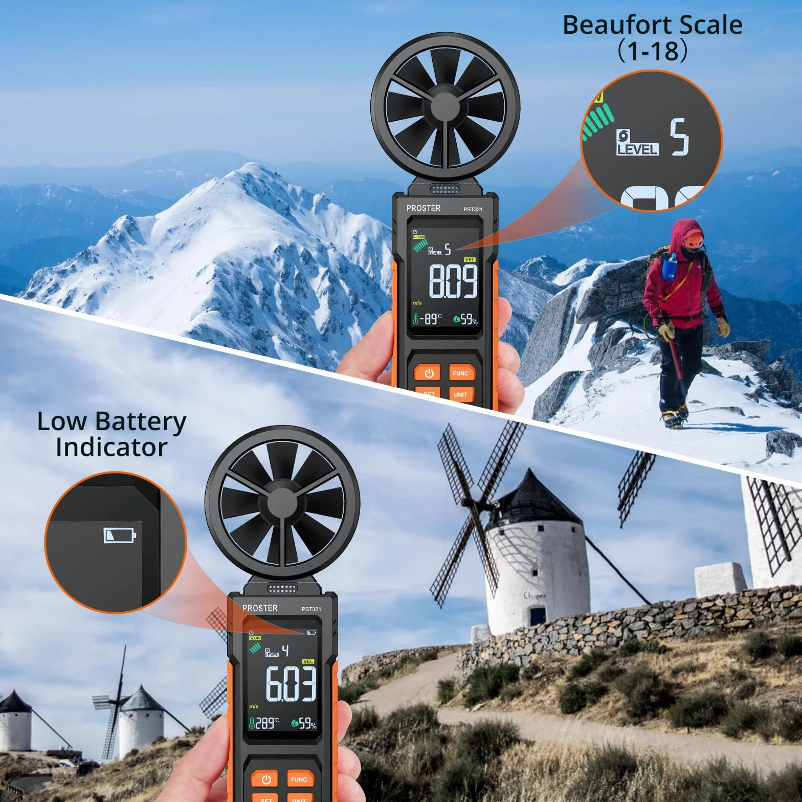 Proster Anemómetro Portátil Medidor de Velocidad del Viento Digital con CMM CFM Flujo de Aire y Temperatura