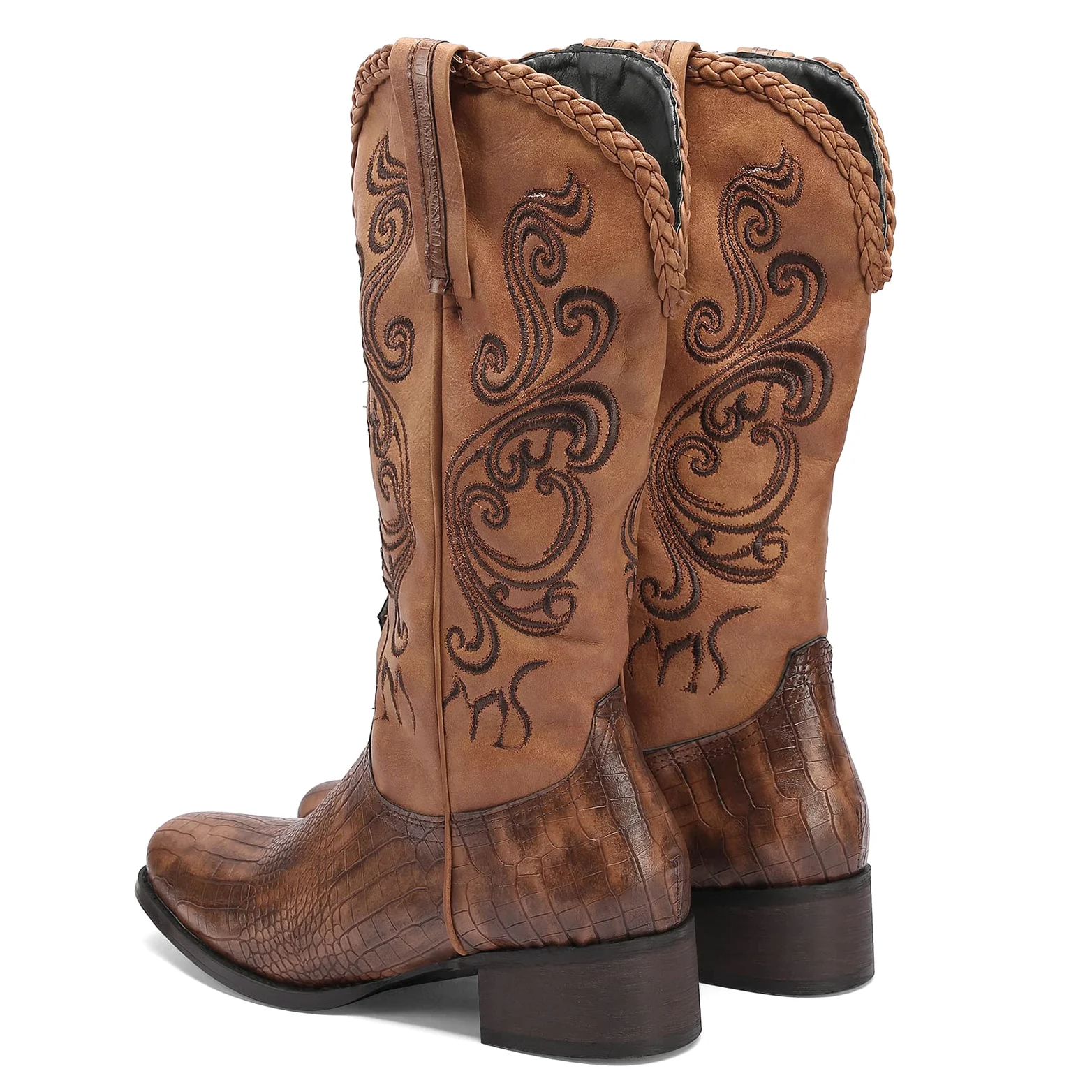 Lizoleor Botas Hasta la Rodilla de Mujer Punta Cuadrado Vaqueras Occidentales Clasico Bordado