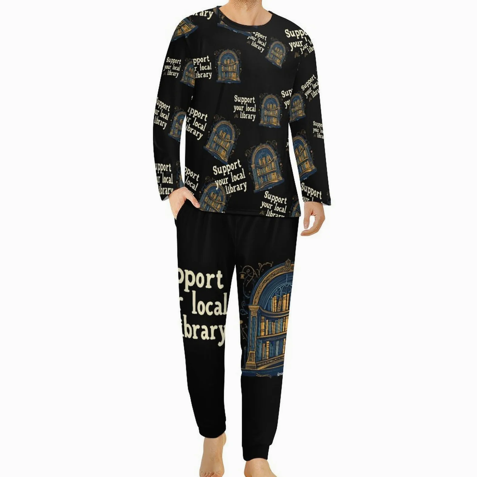 Support Your Local Library - Conjunto de pijama para hombre, cuello redondo, ropa de descanso larga, 2 piezas