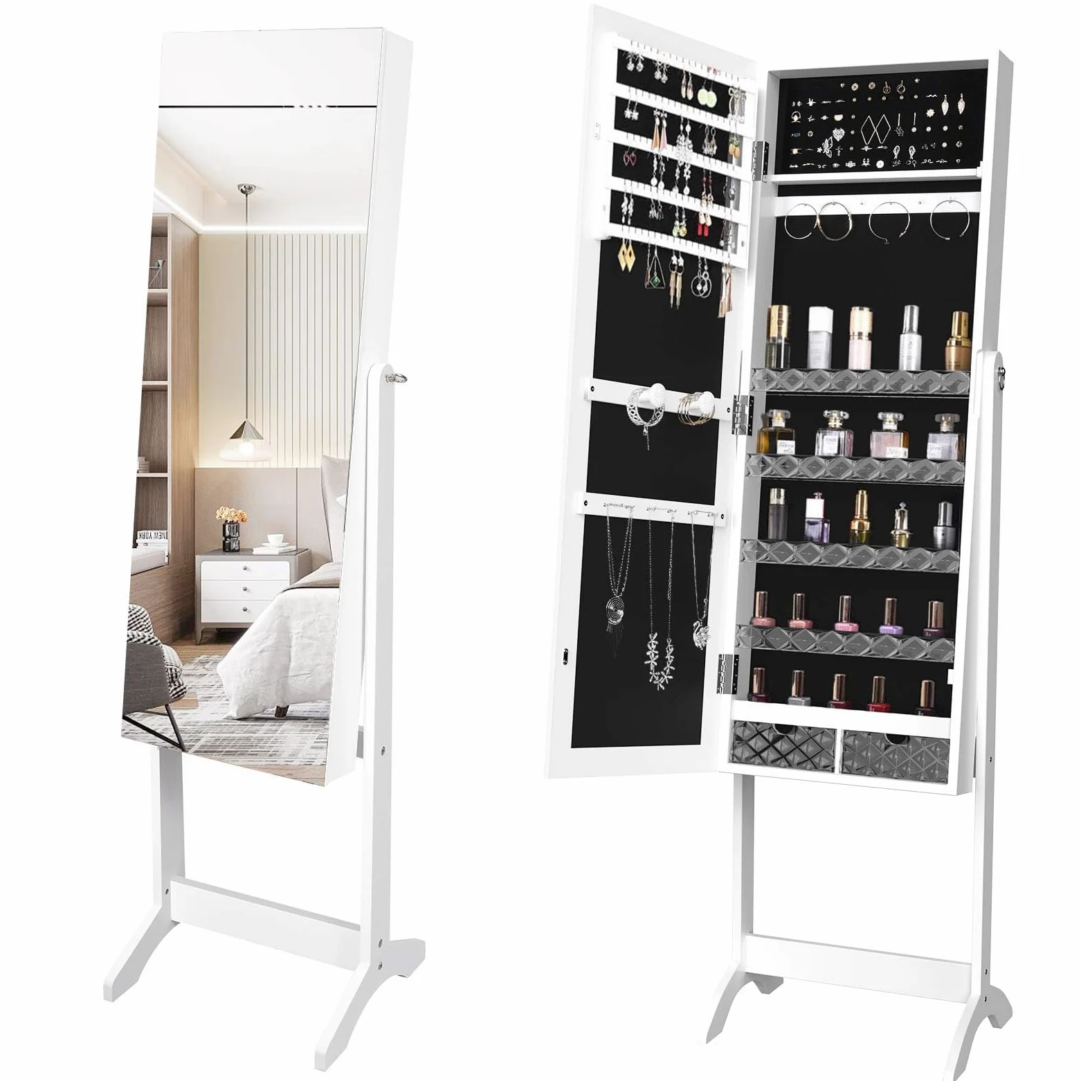 YITAHOME Armario de joyería 2 en 1 Armoire con cerradura independiente organizador de joyas unidad con 4 estantes de almacenamiento de cosméticos extraíbles, 2 cajones, color blanco