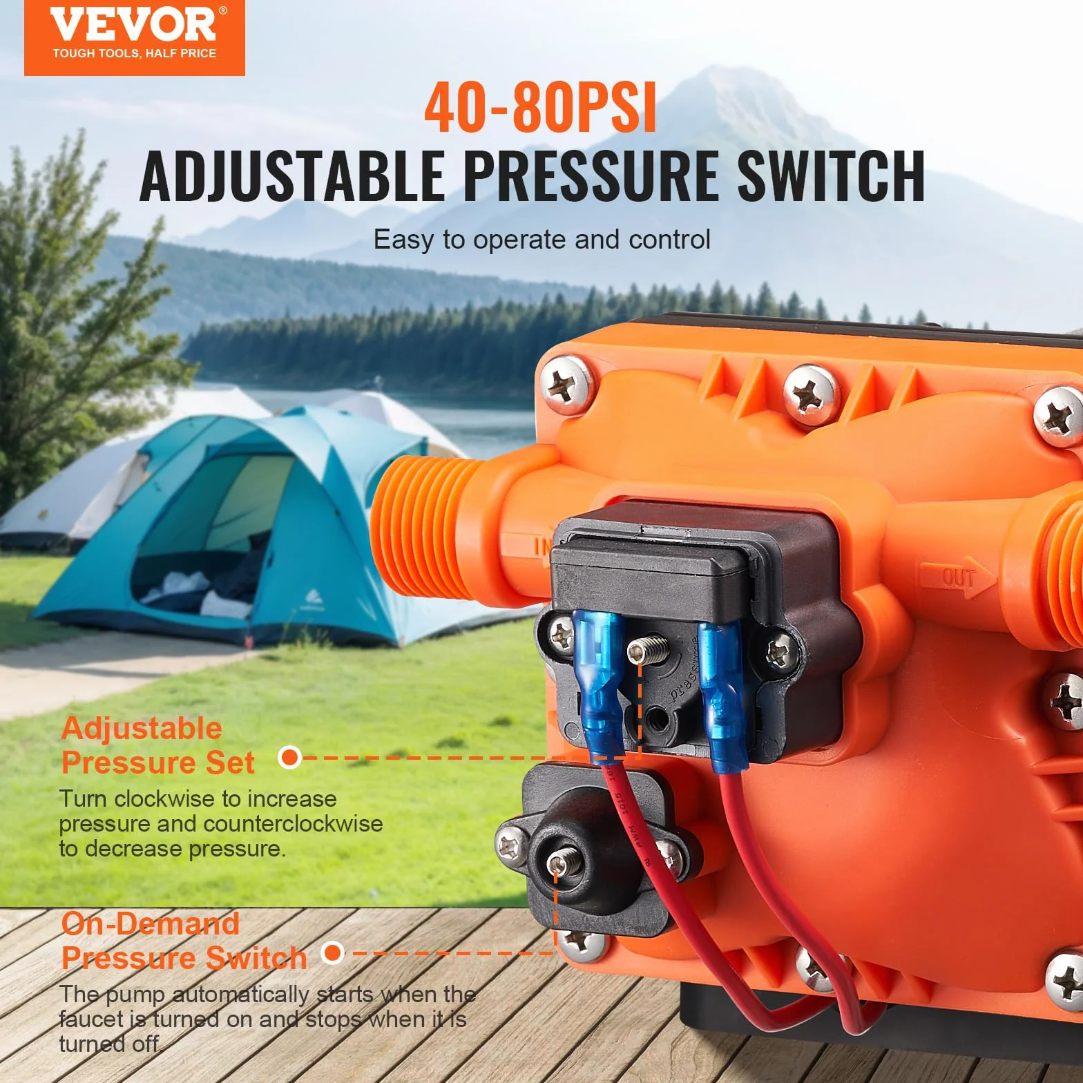 VEVOR Bomba de Diafragma 12 V 11,36 L/min 4 Cámaras 40-100 PSI 55 PSI Puerto MNPT 12,7mm