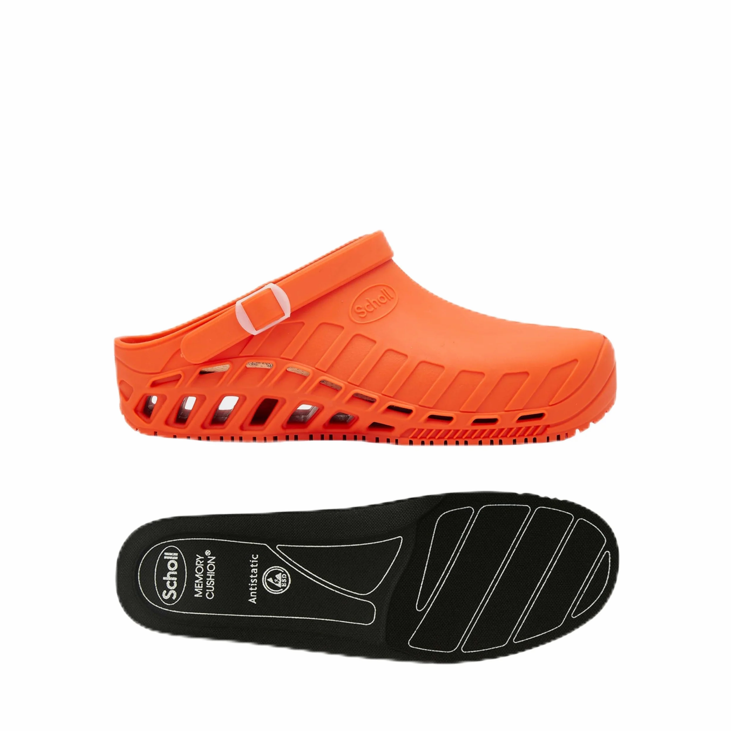 Scholl Clog Evo Naranja + Plantillas PRO Antiestáticas Scholl con Memory Cushion para Clog Evo – Naranja/Negro
