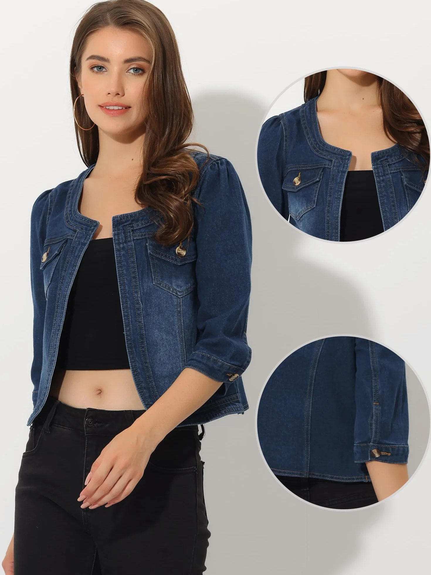 Allegra K Chaqueta Corta Mezclilla Mujer Sin Cuello Manga 3/4 Cárdigan Vaquero