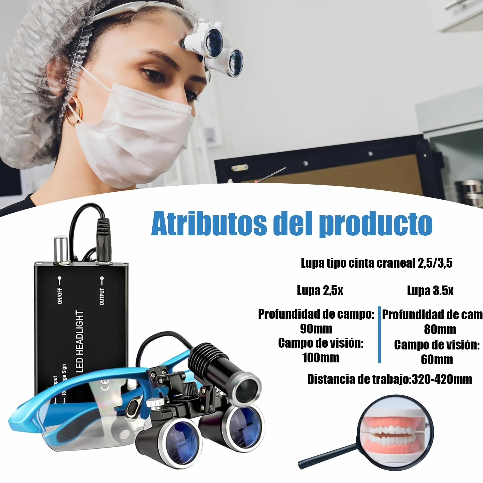 Lupas Dentales con Luz 3.5X 420mm Distancia de Trabajo Vidrio Óptico LED Caja Aluminio