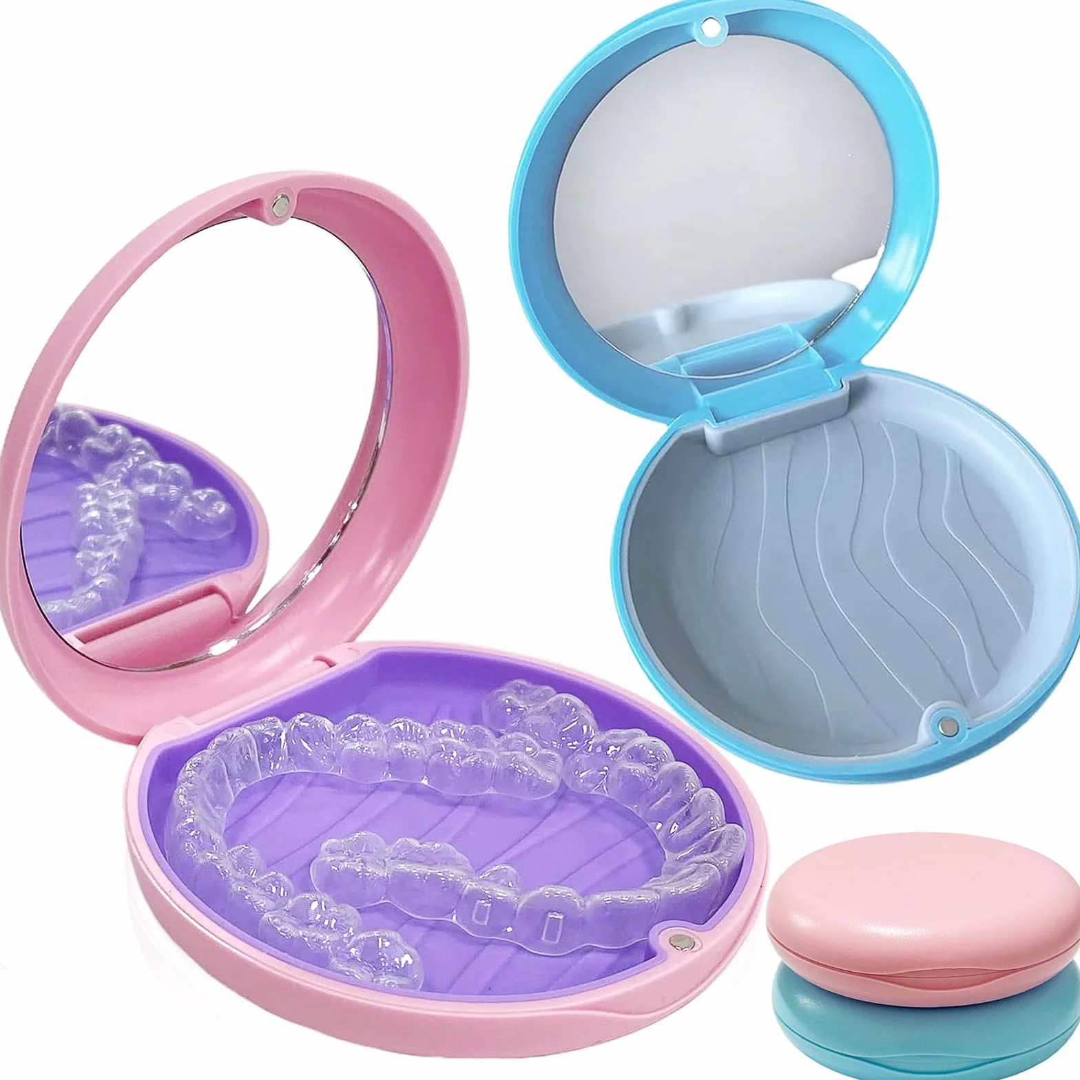 Caja de Dentaduras Portátil con Espejo 2 PC para Retenedores Soportes Protectores Bucales Azul y Rosa
