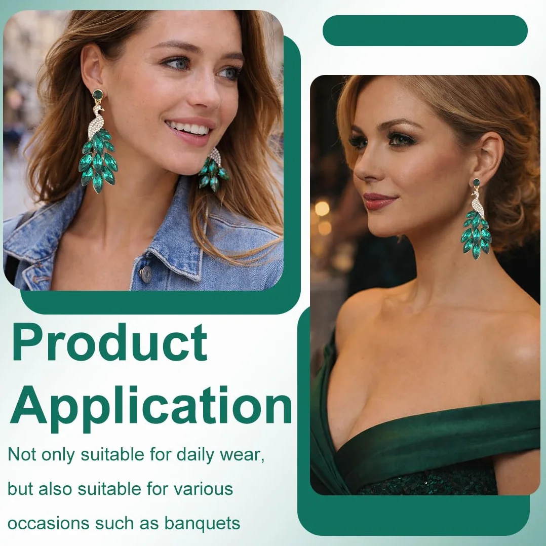1 par de pendientes de mujer con borlas Pendientes de pavo real de cristal Boho con cuentas en cascada Aretes de gota con flecos, verde