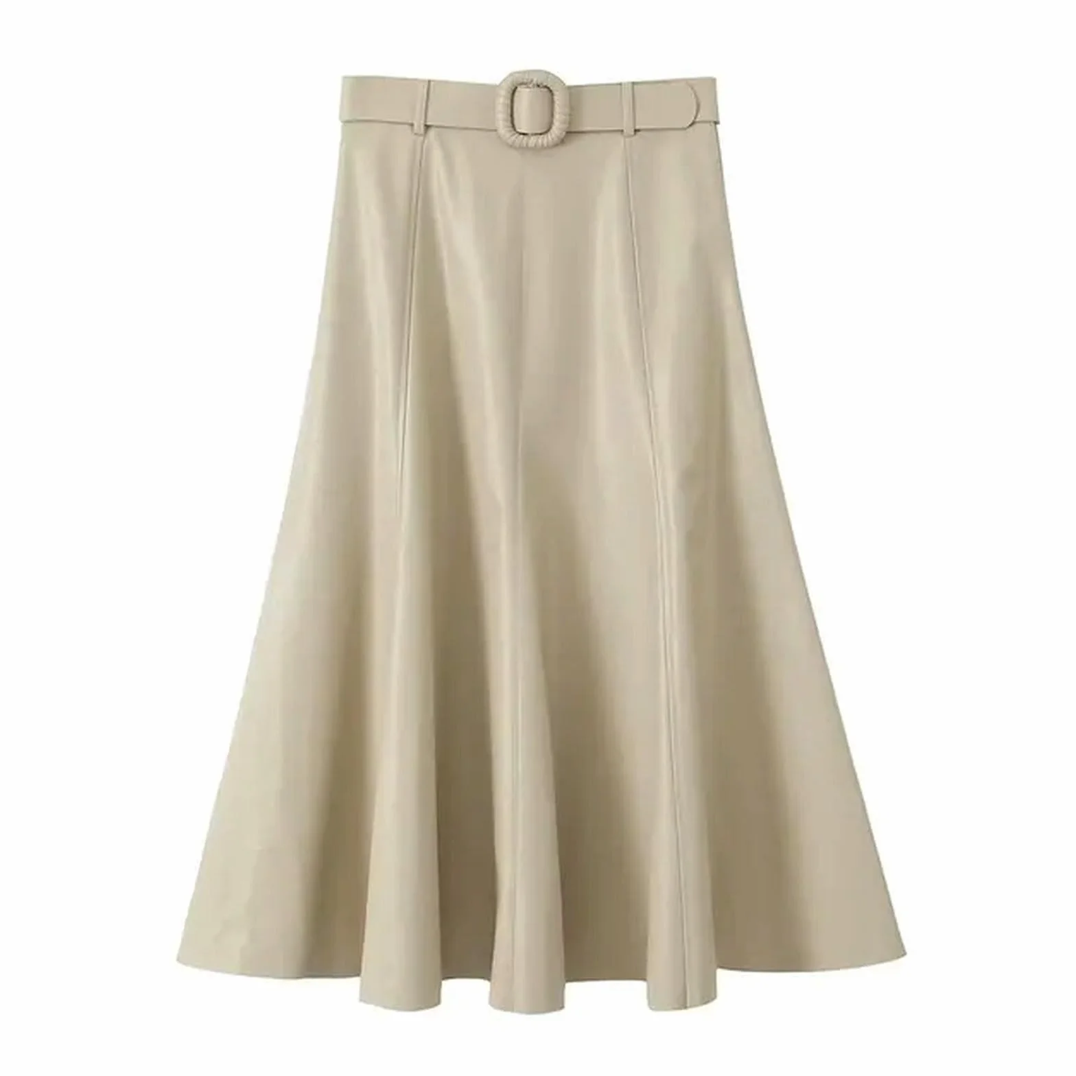 Falda Larga de PU Liso para Mujer, Talle Alto con cinturón, Corte en A, otoño-KH-L