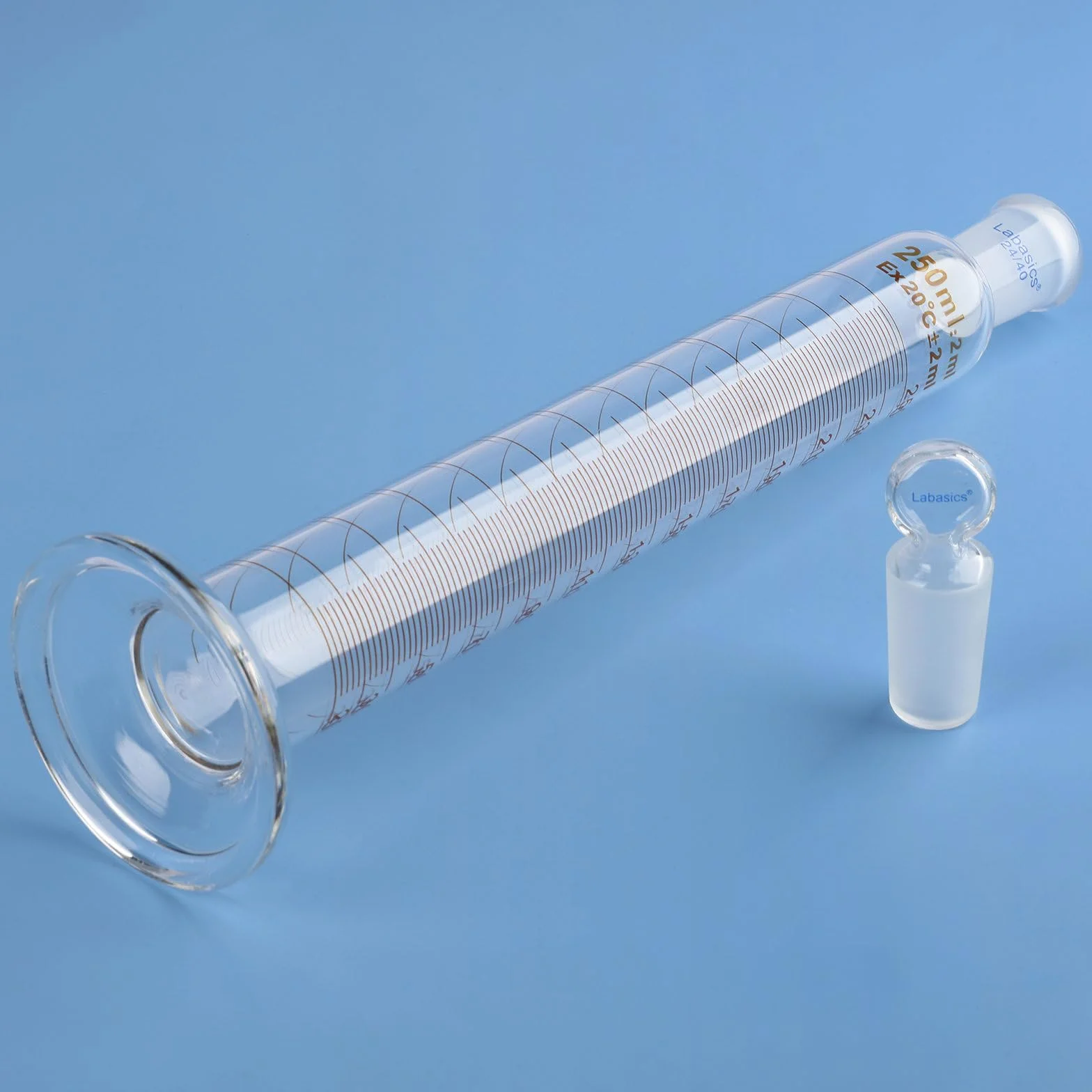 Labasics Cilindro Graduado con Tapón 250 ml Vidrio Borosilicato Junta Esmerilada 24/40 Laboratorio Medición Líquidos