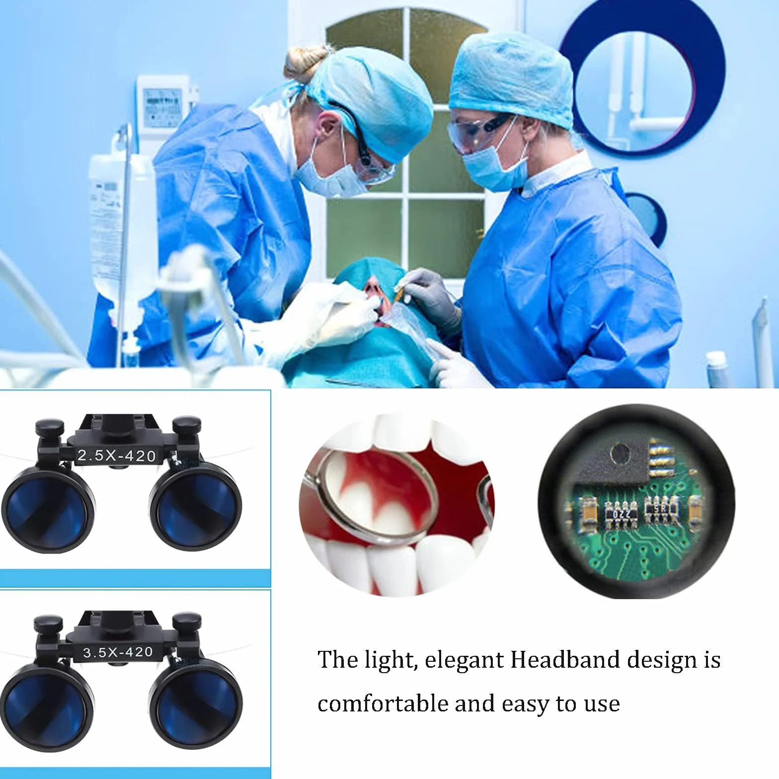 Lupas Binoculares Dentales 3.5X Aumento 420mm Distancia Trabajo Lupa Quirúrgica Ultraligera Linterna Frontal 5W Inalámbrica Filtro