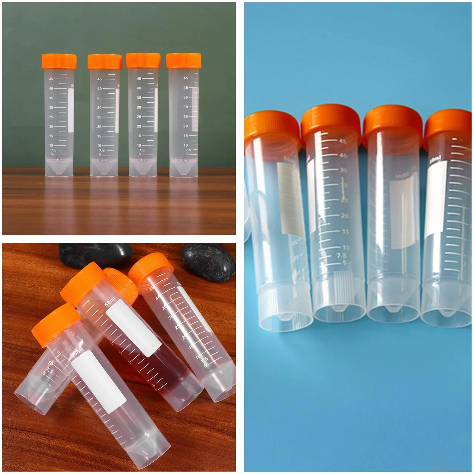 Tubo de ensayo de plástico 50 ml, transparente con tapa naranja, fondo cónico/plano, graduado para experimentos de química