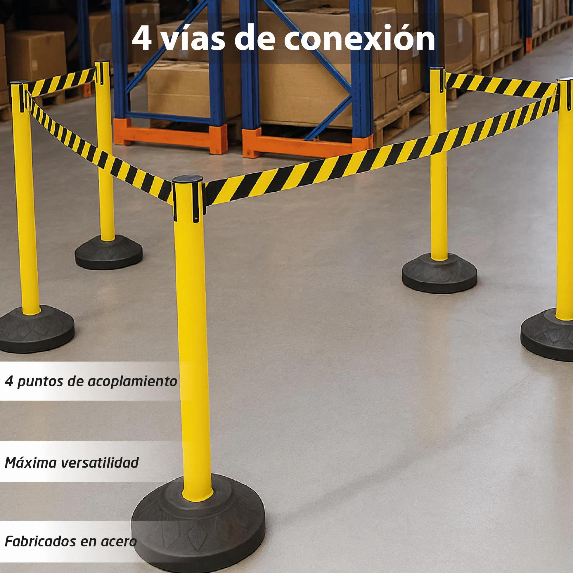 Postes Separadores con Cinta Extensible Amarillo 91cm Acero Resistente 4 Vías de Conexión