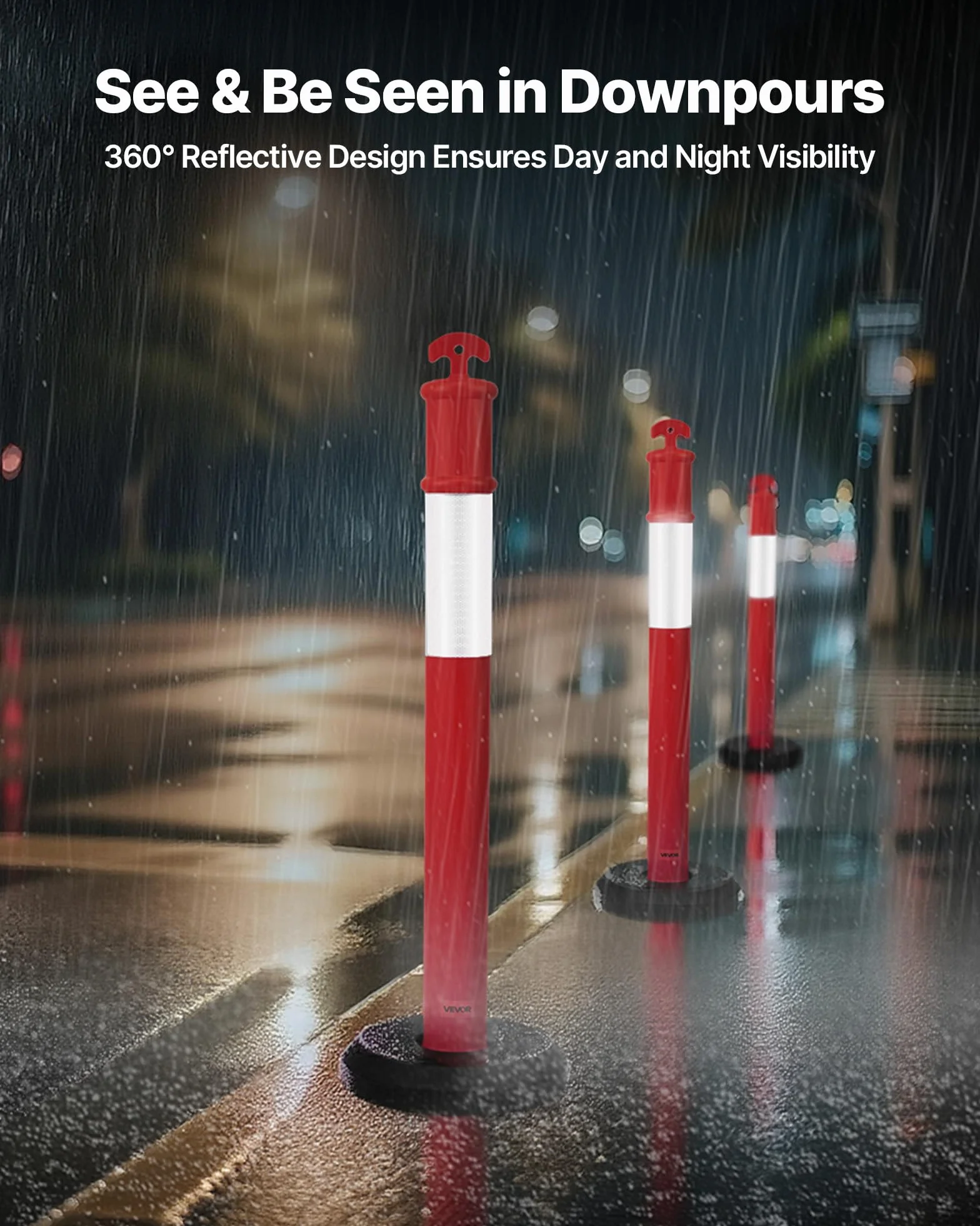 VEVOR Postes de Tráfico 9 Piezas Bolardo 1140 mm Base Rellenable Banda Reflectante Rojo