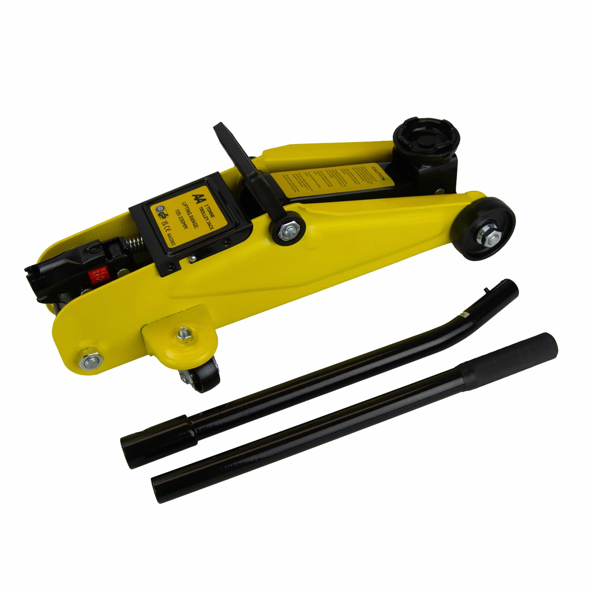Gato hidráulico de 2 toneladas AA3282, Rango de elevación 135-330 mm, Aprobado TUV/GS, Incluye maletín, Negro y Amarillo