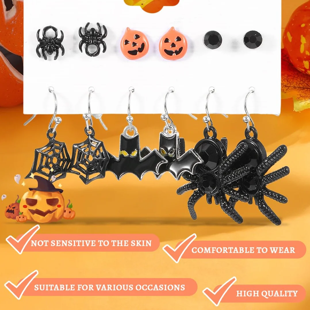 Juego de 6 pares de aretes de Halloween, aretes divertidos de calabaza, murciélago y araña, colgantes con temática de araña, decoraciones para niñas y mujeres