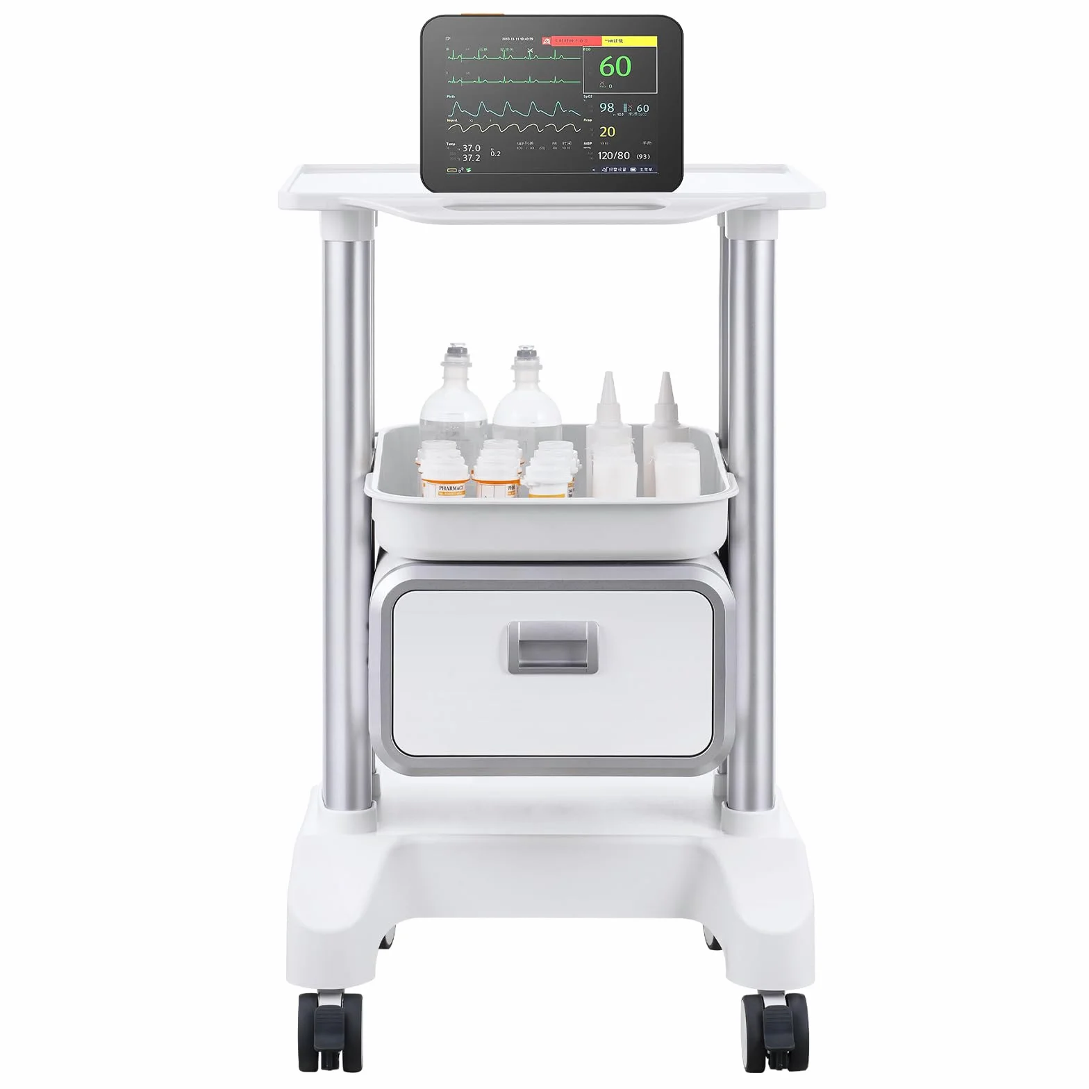 VEVOR Carro Médico de 2 Niveles con 1 Cajón, Bandeja Superior, Ruedas Silenciosas, ABS, Blanco