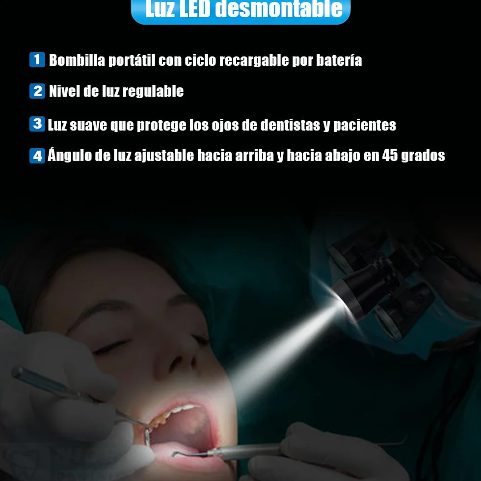Lupas Dentales con Luz 3.5X 420mm Distancia de Trabajo Vidrio Óptico LED Caja Aluminio