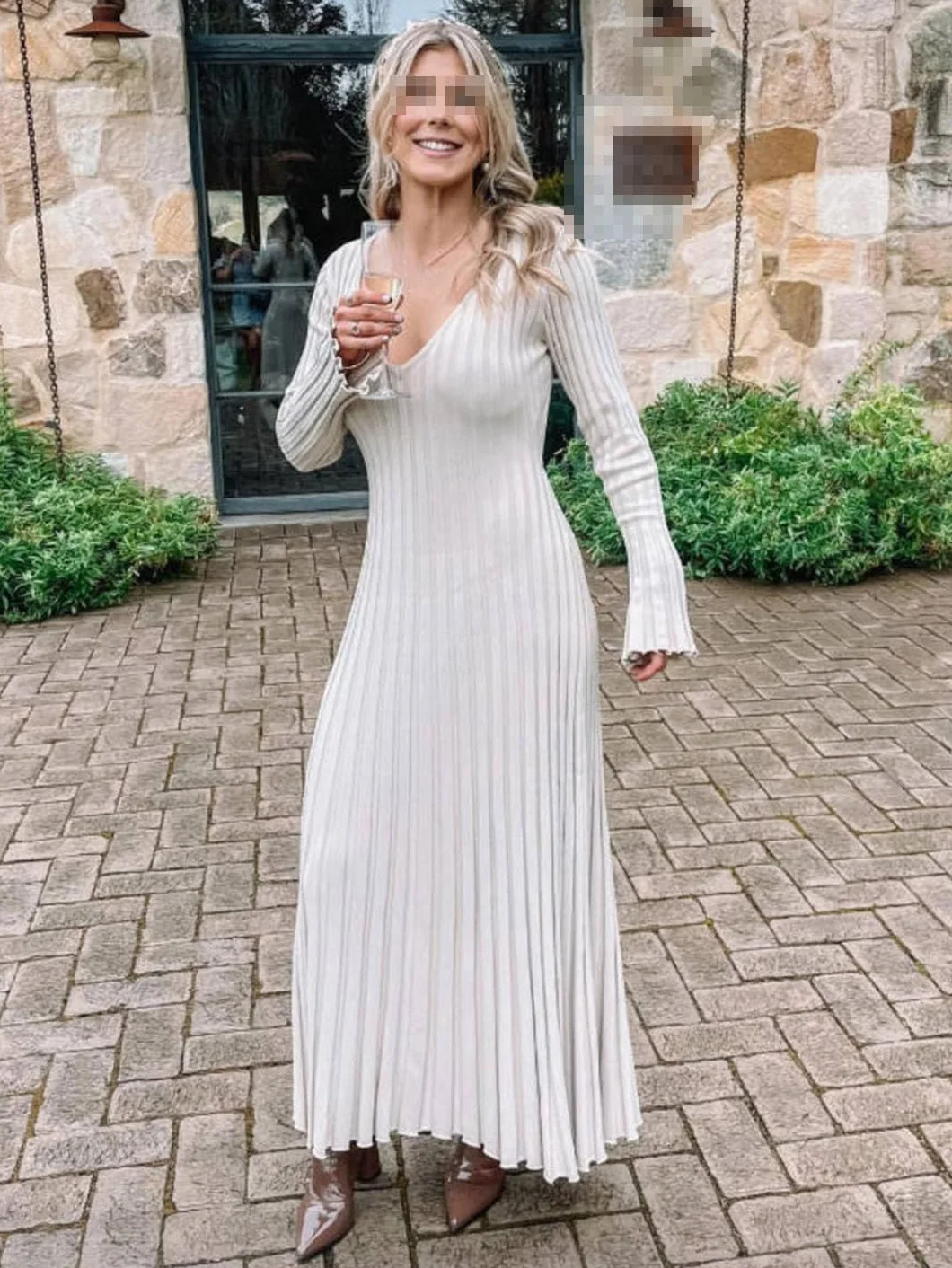 Vestido Maxi De Punto De Manga Larga con Cuello En V para Mujer