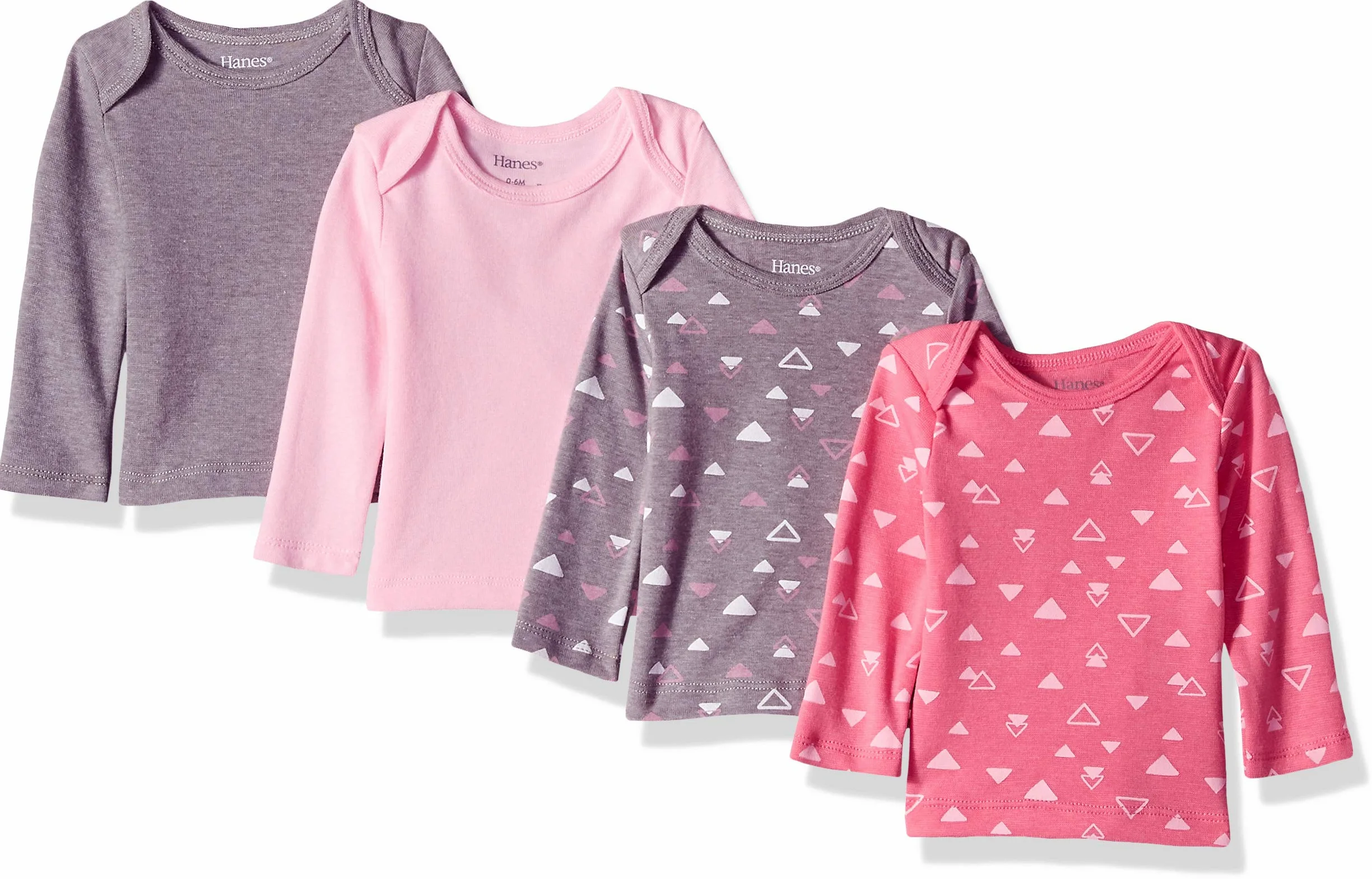 Hanes Camiseta unisex de manga larga para bebé, camiseta de punto flexible definitiva para niños y niñas, paquete de 4, Rosado con formas, 18-24 meses