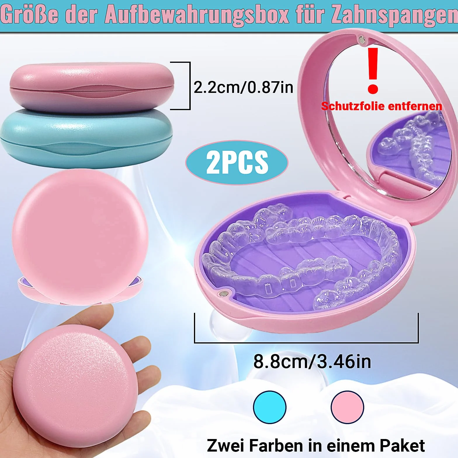 Caja de Dentaduras Portátil con Espejo 2 PC para Retenedores Soportes Protectores Bucales Azul y Rosa