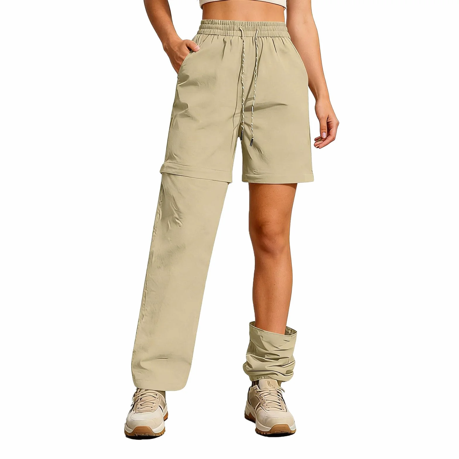 Pantalones de Senderismo para Mujer, Pantalones Mujer Desmontable de Trekking Pantalon Largo Impermeable Pants con Cordón Chandal Informales Pantalón con Bolsillo Color Sólido