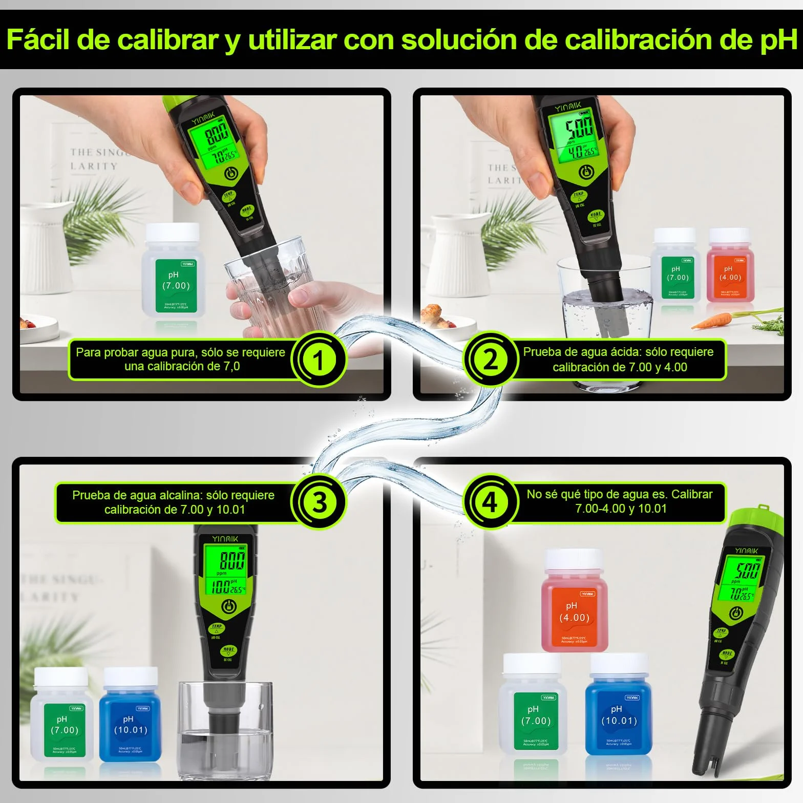 YINMIK Medidor de pH y TDS Digital 4 en 1, Probador de pH PPM Conductividad con Solución de Calibración para Piscina Agua Potable