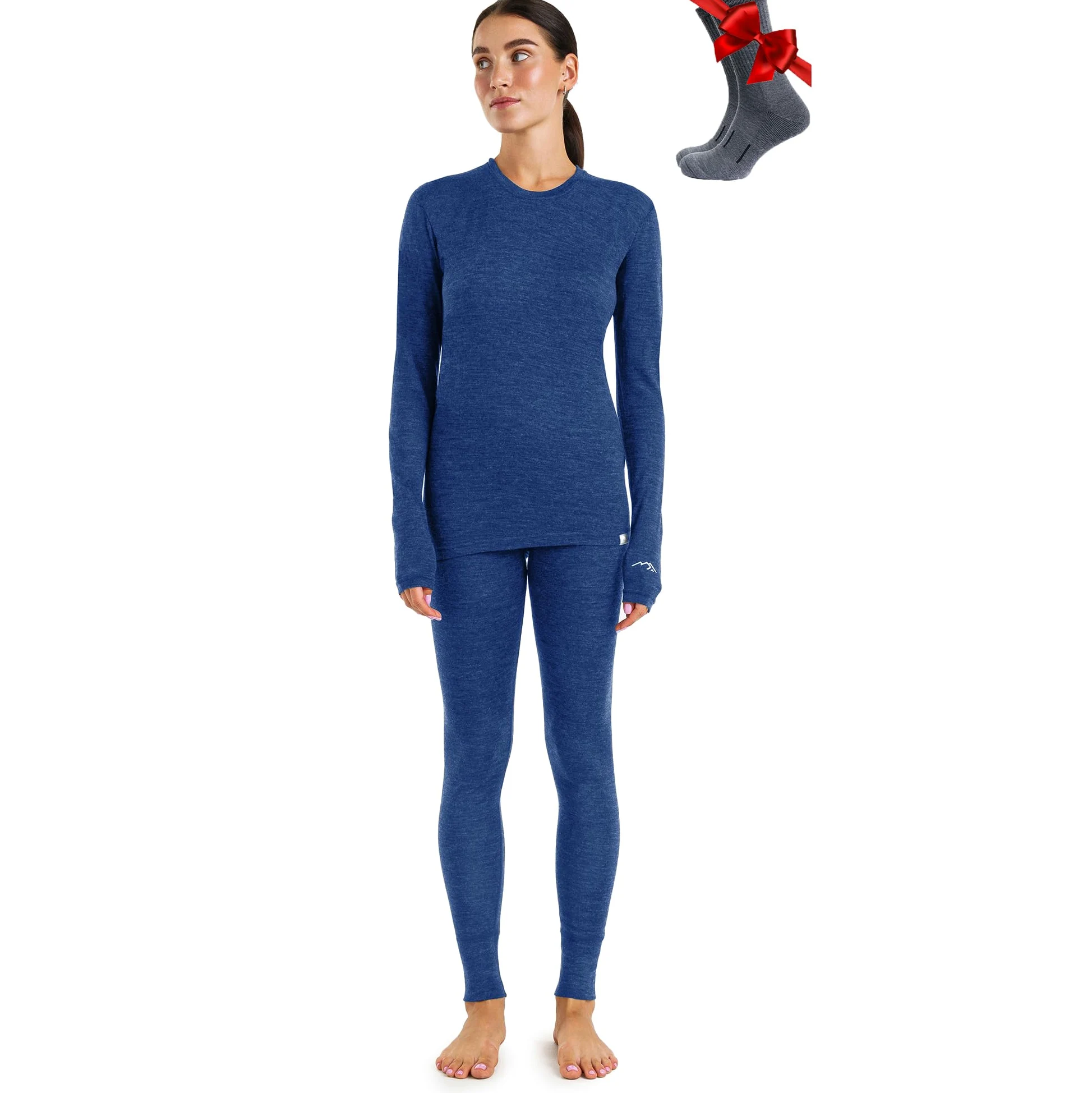 Merino.tech Conjunto Lana Merino Mujer - Termica Lana Merino con Calcetines (X-Large, 165 Lite Windsor Blue)