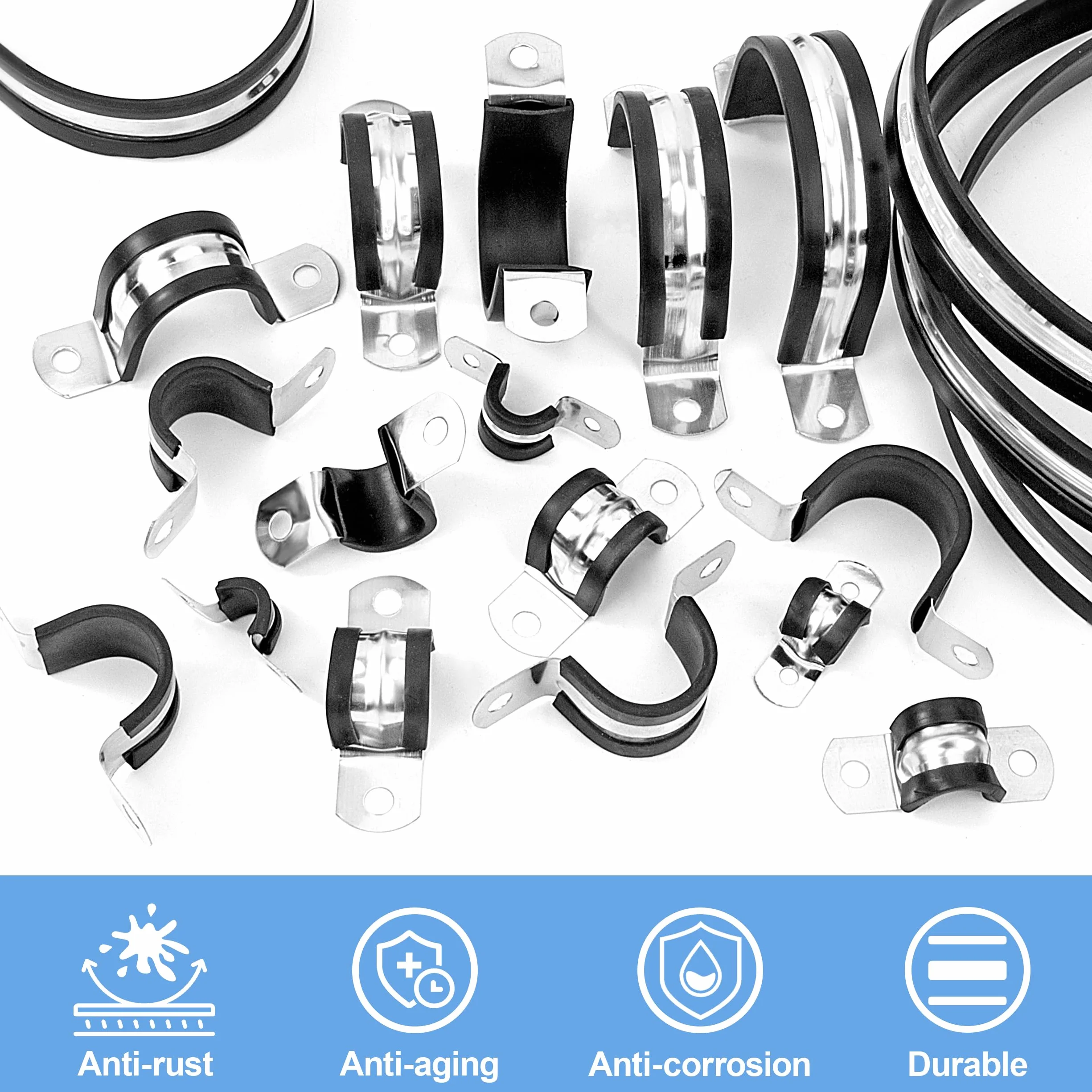 Abrazaderas para Tubos 48mm de Acero Inoxidable 304 con Acolchado de Goma 12 Piezas