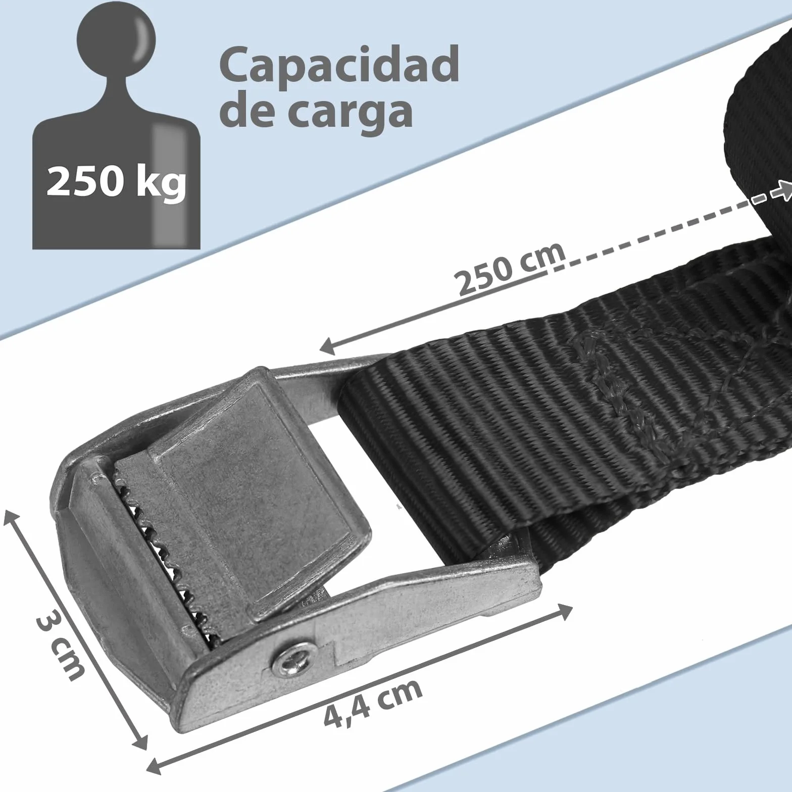 Correa de Amarre con Hebilla 250 kg DIN EN 12195-2, Negro, 10 Piezas 2.5 cm x 2.5 m