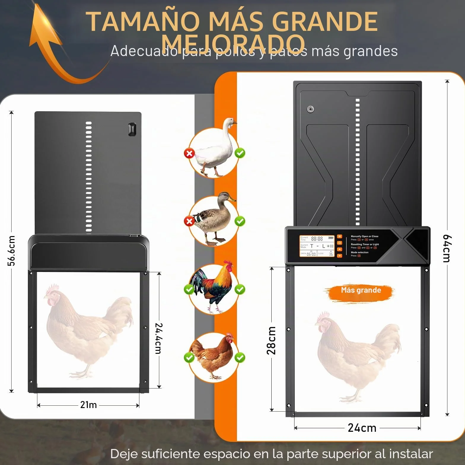 Puerta Gallinero Automático Solar con Mando a Distancia, Sensor de Luz y Temporizador, Anti-atrapamiento