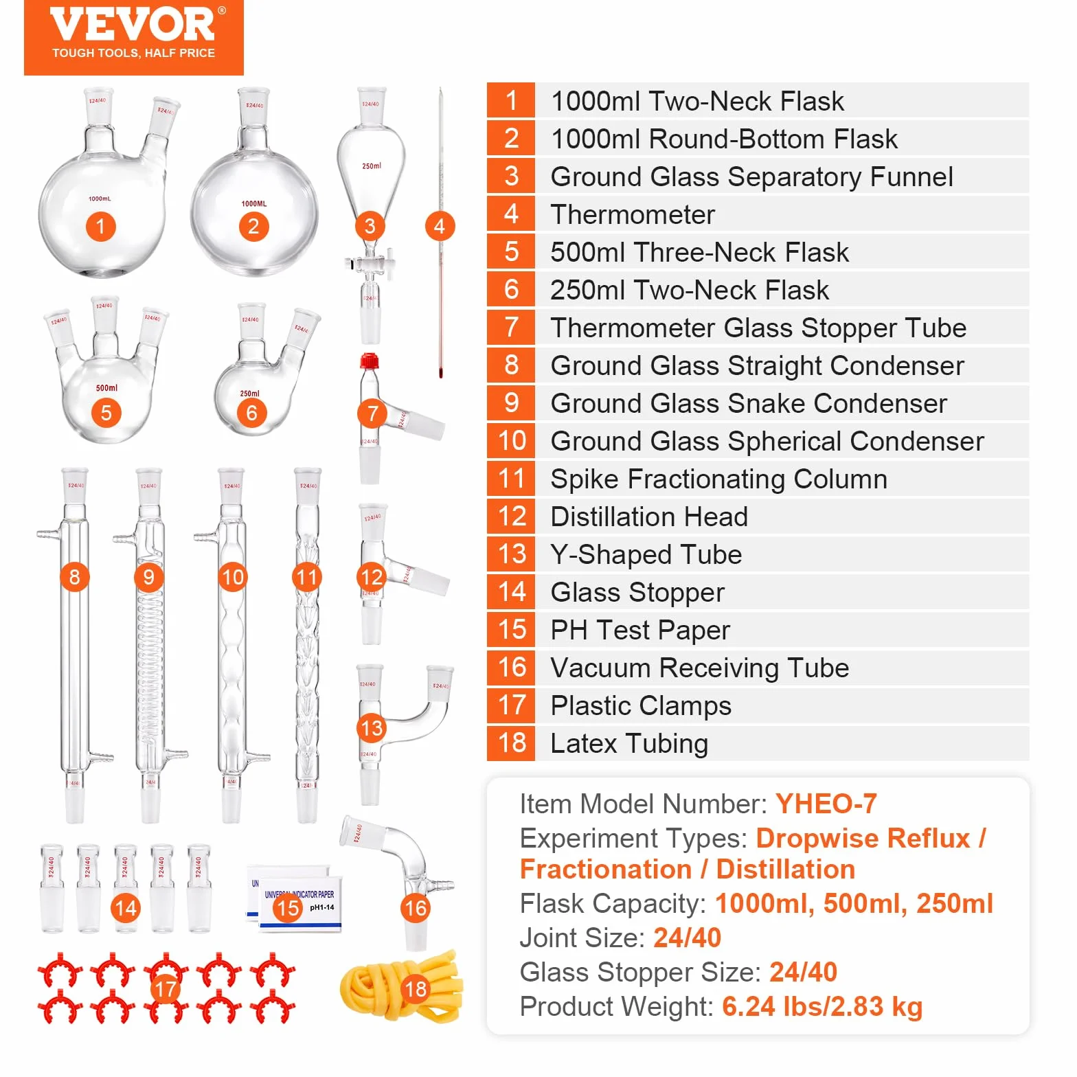 VEVOR Kit de destilación de vidrio de laboratorio 3.3 Boro 1000 ml 32 piezas con compuestos 24/40