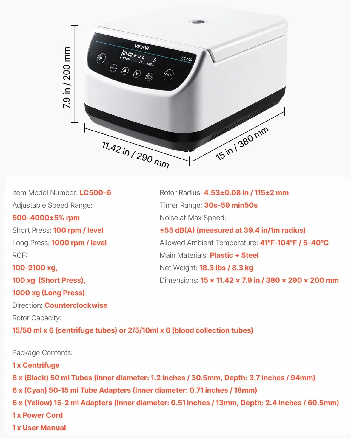 VEVOR Centrífuga Eléctrica de Laboratorio, 100-2100 xg, 500-4000 rpm, 1 Rotor para Tubos 2/5/10/15/50 ml