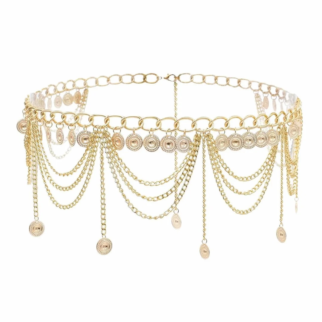 Cadenas de cuerpo,Cinturones para mujer,Accesorio de cadena para cintura para danza del vientre con colgante de borla, longitud de cadena 70 cm + cadena alargadora 30 cm (oro)