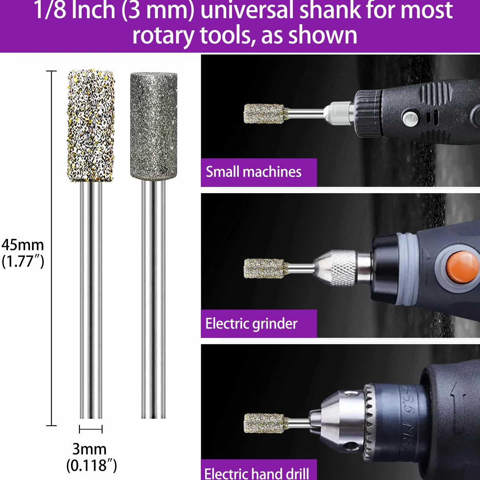 Fresas de diamante compatibles con Dremel, grano 50/116, vástago 3 mm, para tallado y pulido de piedra y vidrio