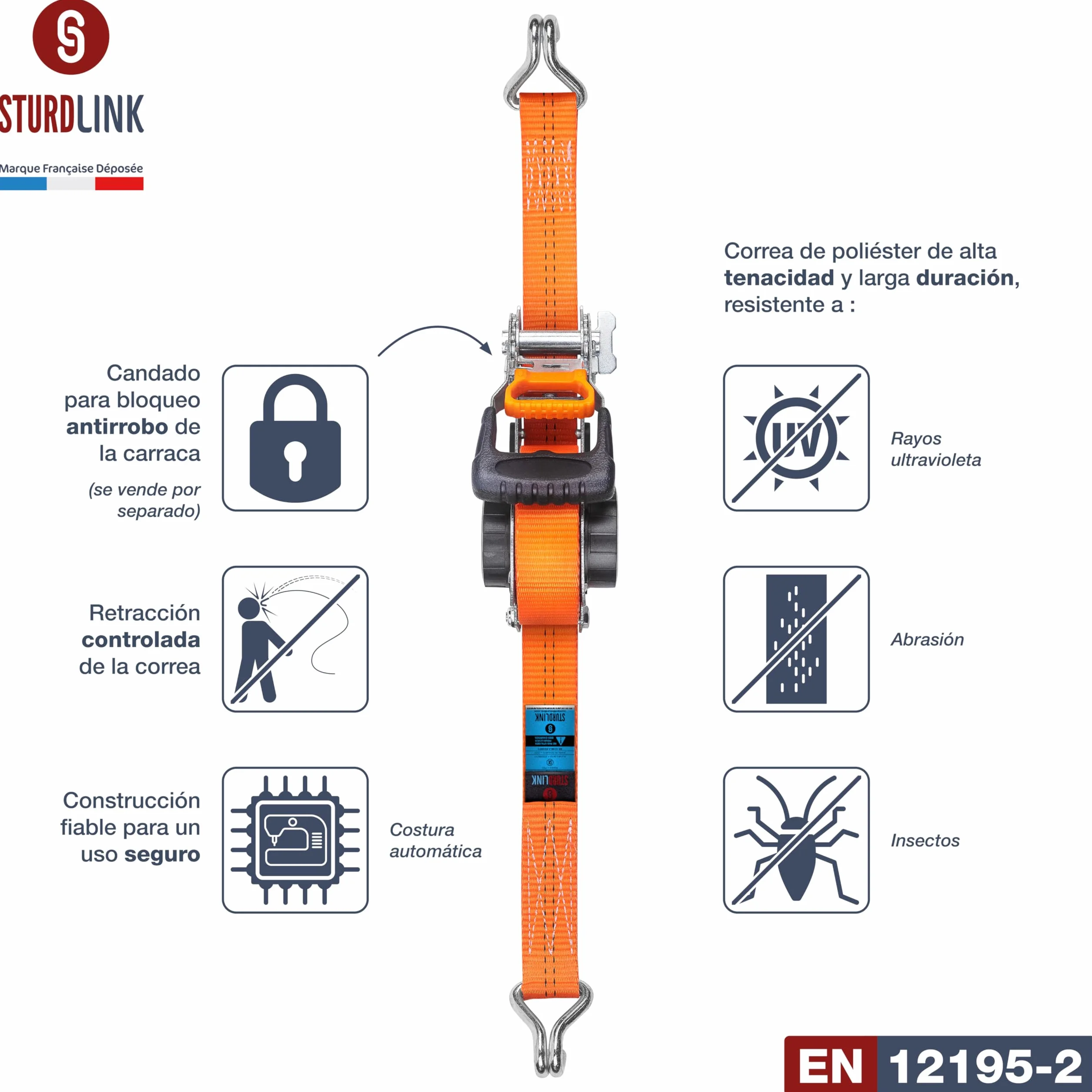 Cinchas de Amarre Automáticas 35mm 5m 1000kg/2000kg x2 Correas con Trinquete Autoenrollables