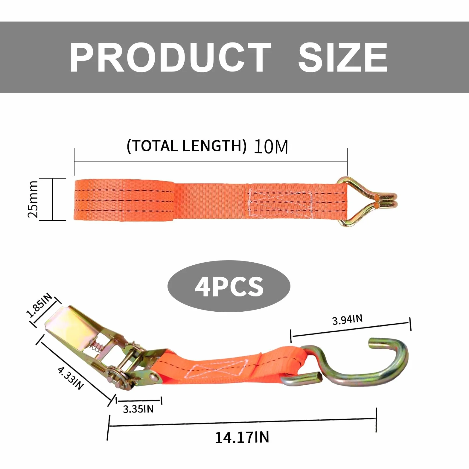 Cinchas de Amarre 25 mm 800 KG Naranja Correa Trinquete DIN EN 12195-2 10M