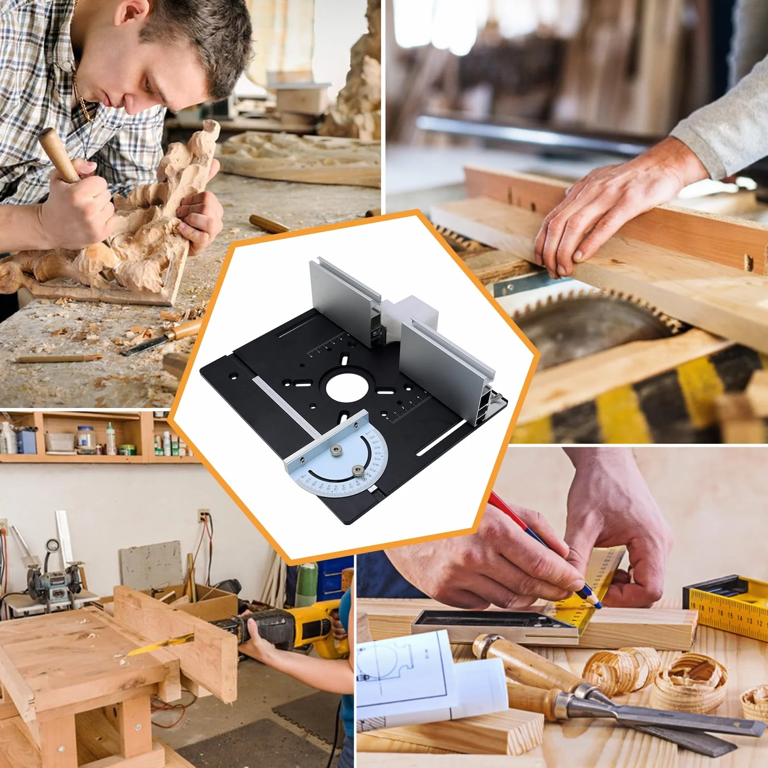 Placa de Inserción de Aluminio para Mesa de Fresadora con Guía Trasera y Regla de Ángulo, Negra