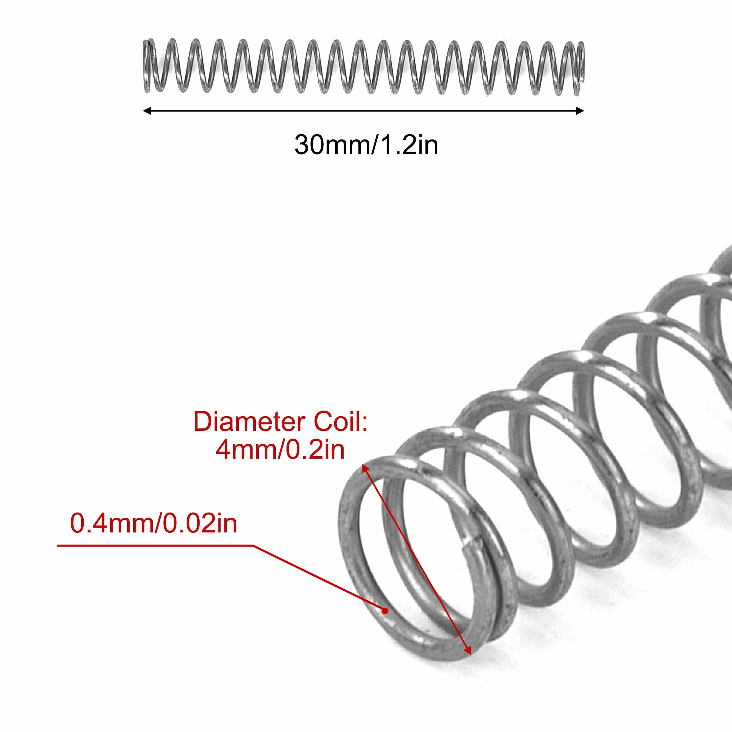 Muelles de Compresión de Acero Inoxidable Resorte 30mm Diámetro Alambre 0,4mm Diámetro Exterior 4mm Fuerza 0,54kg 20 Piezas