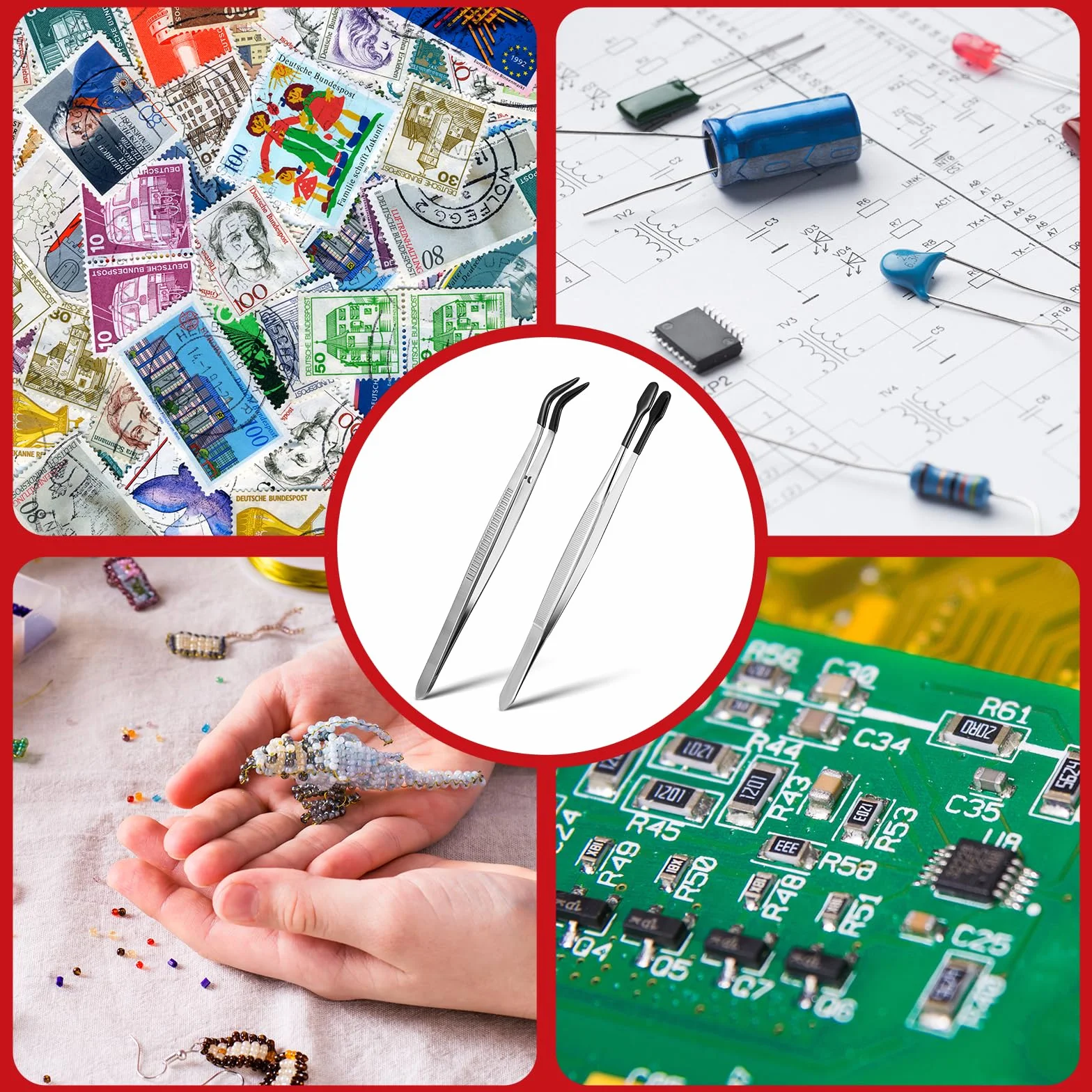 Pinzas largas de plástico con puntas de goma y revestimiento PVC, antideslizantes, curvas y angulares, para manualidades y joyería (negro)