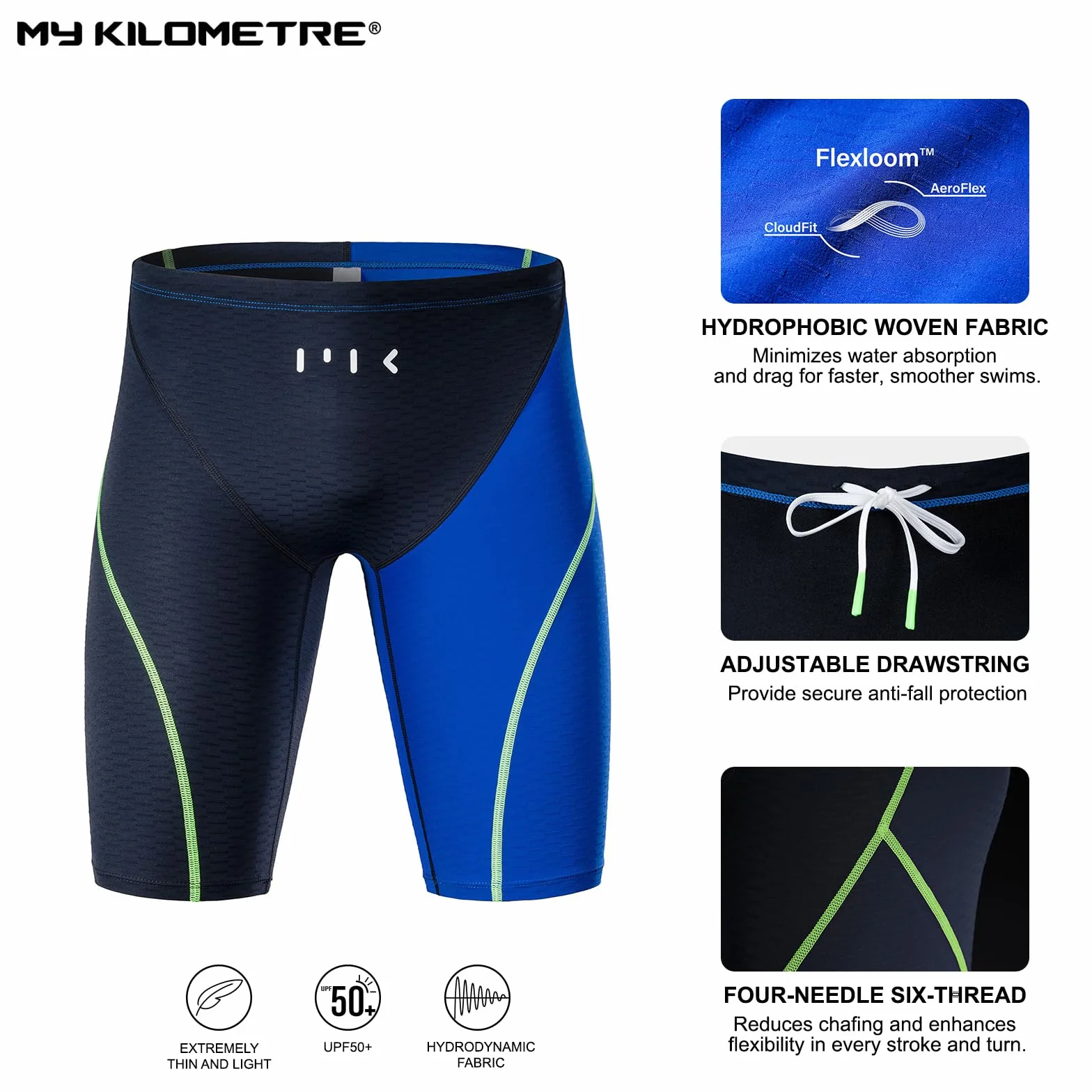 MY KILOMETRE Jammer de Natación Hombre – Bañador de Tejido Plano con Cordón Resistente al Cloro, Secado Rápido, Entrenamiento y Competición, UPF 50+