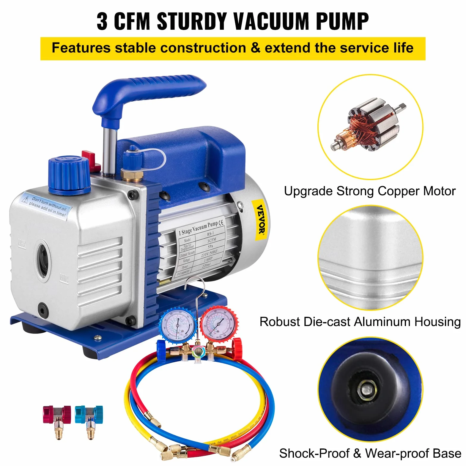 VEVOR 3 CFM 1/4HP HVAC Bomba de Vacio con Manómetros Diagnósticos