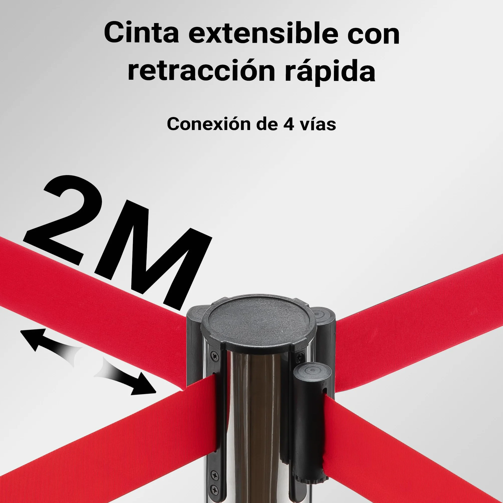 Wiltec Juego de 2 postes separadores con cinta retráctil roja 200 cm, acero inoxidable
