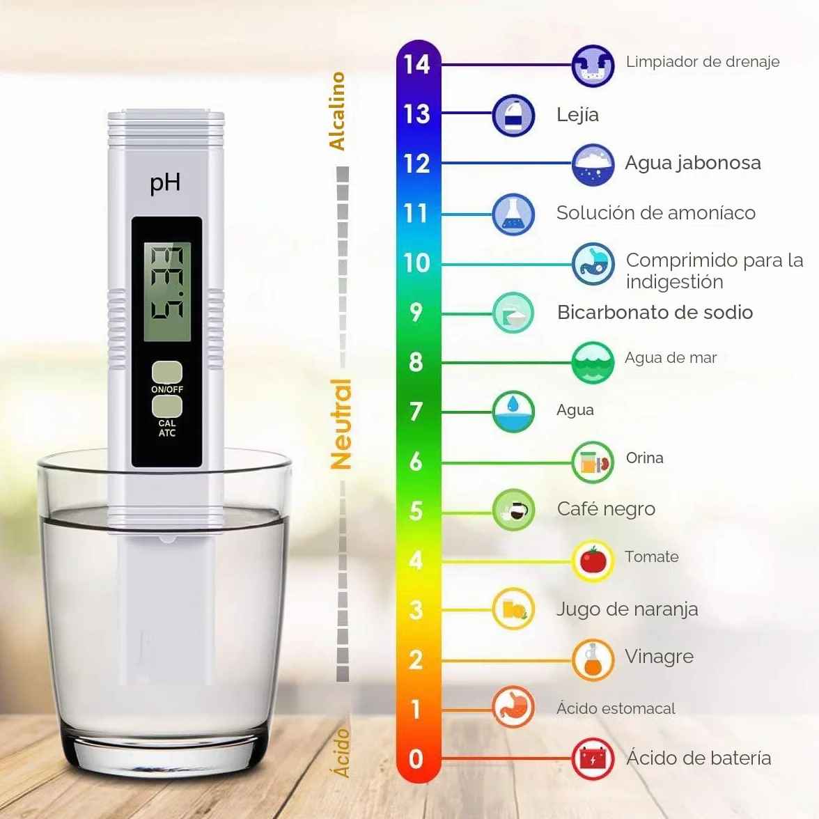 Medidor de pH Digital 0-14 para Agua, Piscina, Acuario, Hidroponía
